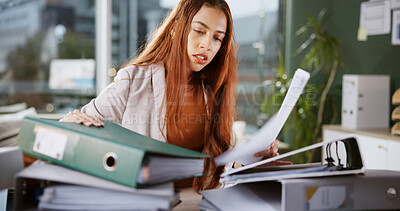 Buy stock photo Overworked, documents and stress with business woman in office for deadline, fashion design burnout and overtime. Fatigue, frustrated and report with person in creative agency for filling and crisis