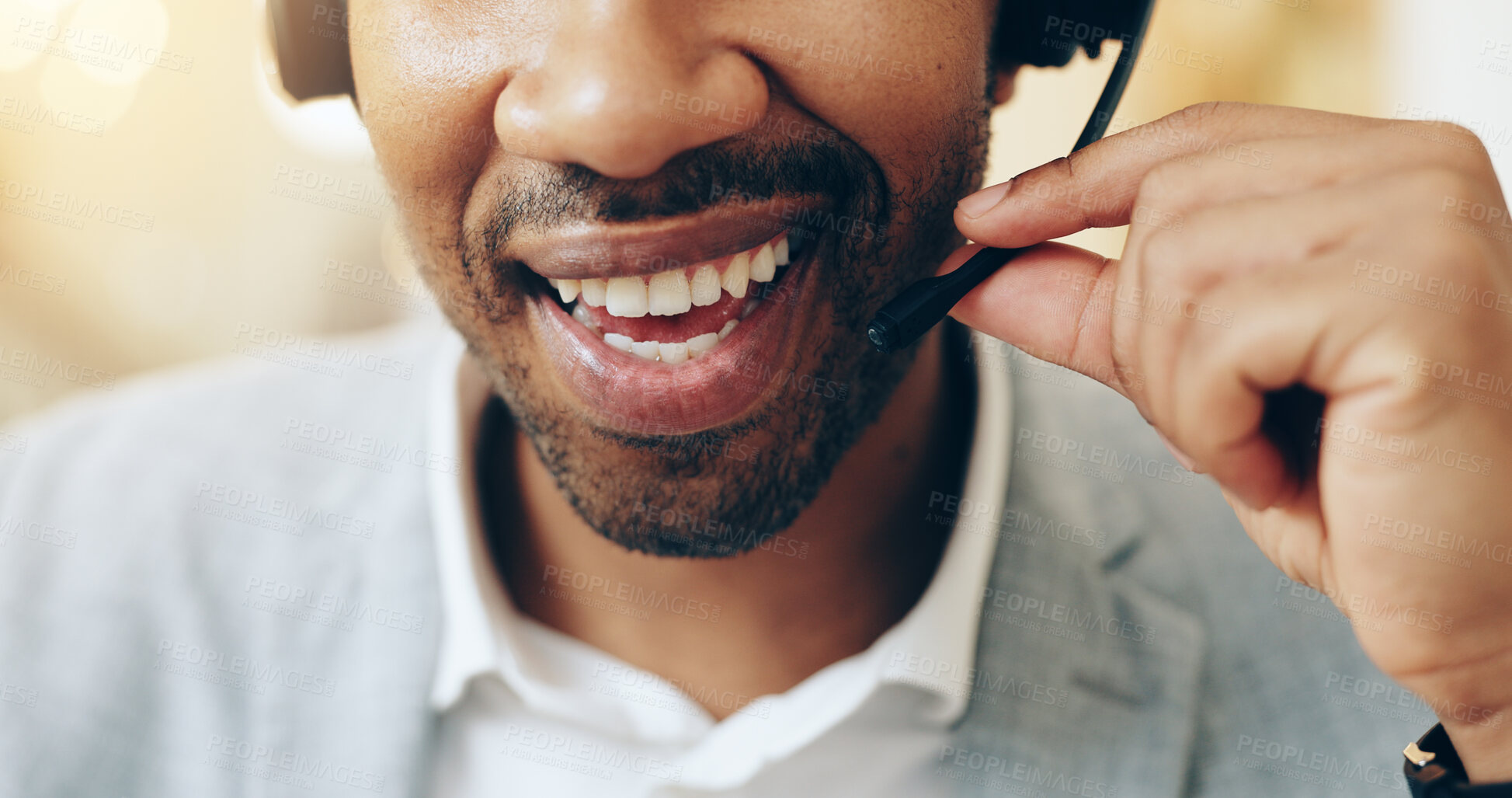 Buy stock photo Closeup, black man and business with mic for call center, customer service and discussion for sales. Mouth, male person and consultant with headset for telemarketing, support or assistance in office