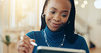 Black woman, tablet and happy with stylus in office for interior design, drawing or review for project management. Person, writing and digital touchscreen with app, editing and creativity at startup