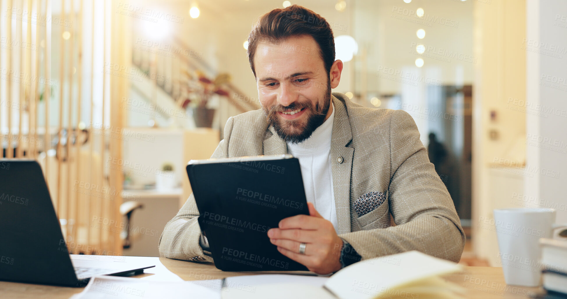 Buy stock photo Research, planning and man with tablet, happy and schedule for interview, recruiter and reading of email. Corporate, online and smile for hiring process, browsing and app for communication in office