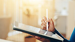 Hands, tablet and drawing with stylus in office for interior design with review for project management. Person, writing and digital touchscreen with application, editing and creativity at startup