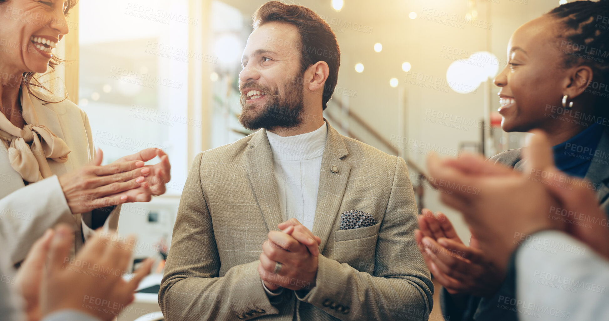 Buy stock photo People, happy and applause in lobby for business, positive reinforcement and colleague support. Employee diversity, excited and clapping in office for company news, successful campaign or achievement