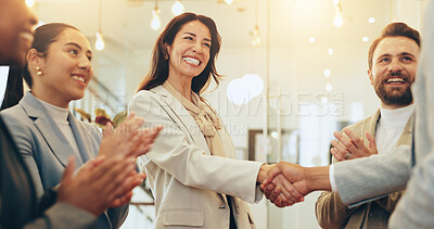 Buy stock photo Applause, meeting and business people with handshake in office, accounting firm and success for b2b deal. Celebrate, teamwork and accountants with shaking hands for clapping, achievement or thank you