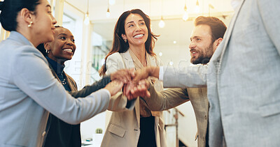 Buy stock photo Group, hands and celebration in office, smile and unity of employees, solidarity and happy for sales. Stack, corporate and joy for success, teamwork and achievement for company and collaboration