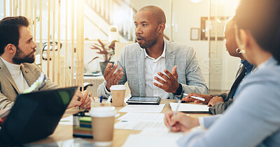 Buy stock photo Group, business people and meeting on tablet for finance, accounting or bookkeeping in agency. Team, technology and career as payroll, management and professional in corporate bank for collaboration