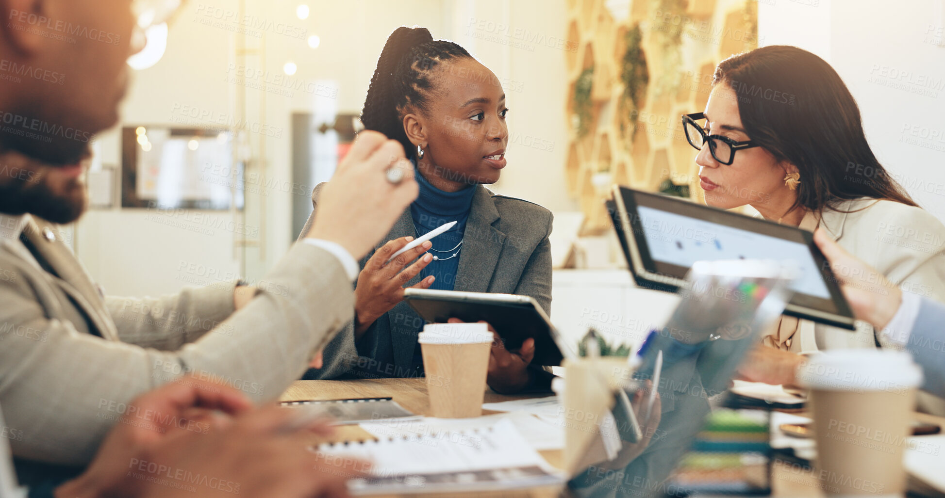 Buy stock photo Team, business people and tablet for planning, project management and creative agency. Group, technology and meeting for designer, paperwork and research in company, office or studio in collaboration