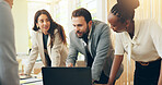 Team, business meeting and laptop for planning, project management and creative agency. Group, people and technology for designer, paperwork and research in company, office or studio in collaboration