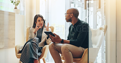 Buy stock photo Man, woman and tablet at interior design startup with discussion, perspective and planning. People, partnership and digital touchscreen with agenda, review and feedback for renovation at agency