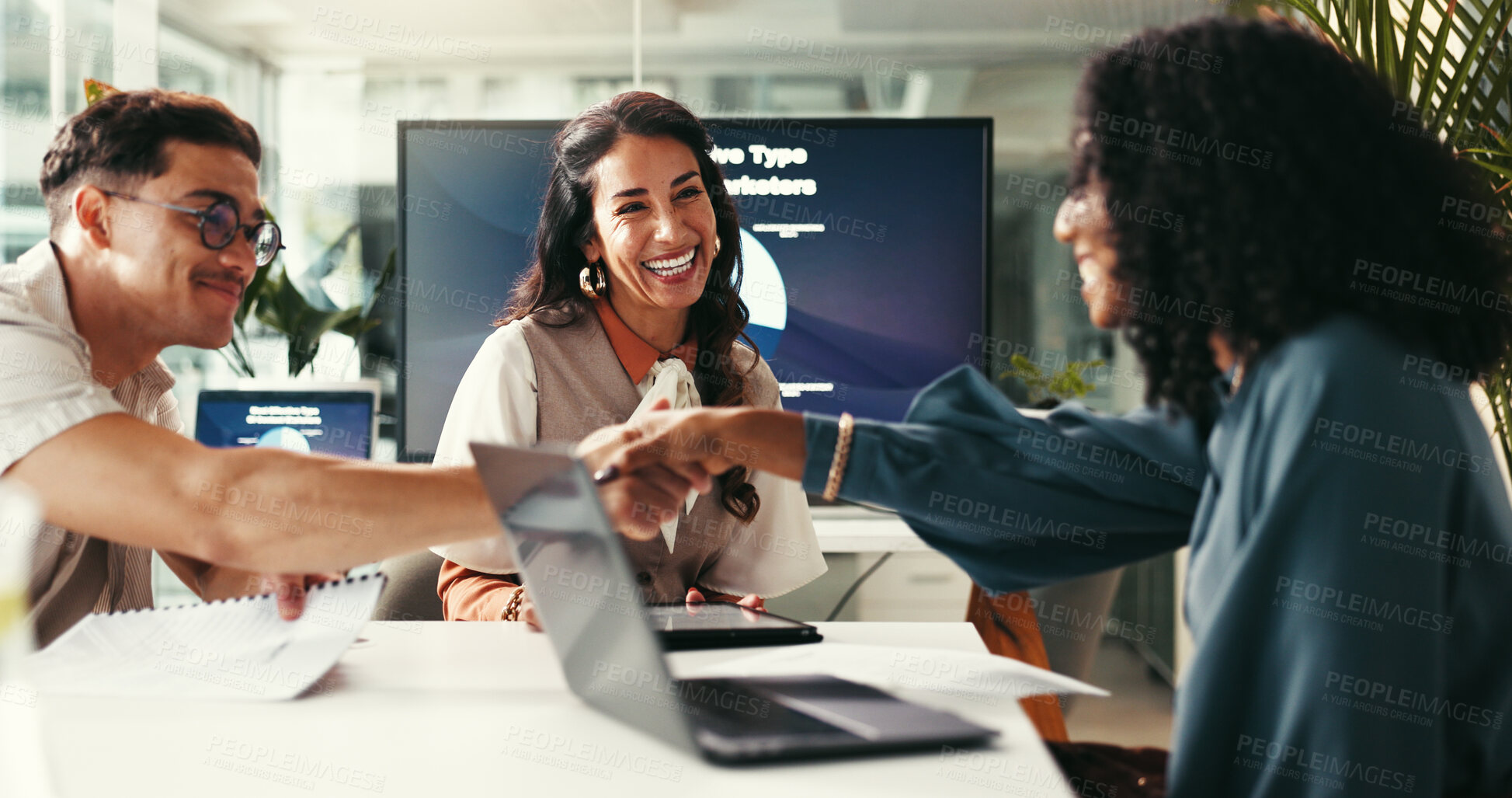 Buy stock photo Happy business people, startup and shaking hands for deal, brand sponsorship or collaboration. Smile, creative team and handshake for cooperation, b2b partnership and negotiation agreement in office