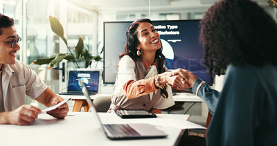 Buy stock photo Happy business people, startup and handshake for deal, brand sponsorship or collaboration. Smile, creative team and shaking hands for cooperation, b2b partnership and negotiation agreement in office