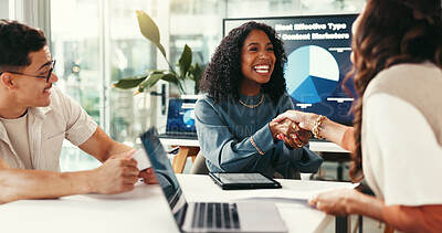 Buy stock photo Business people, laugh and shaking hands in startup for deal, brand sponsorship and metrics. Smile, creative team and handshake for cooperation, b2b partnership and advertising agreement in office