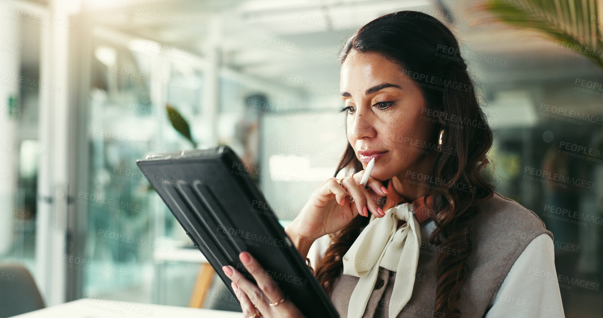 Buy stock photo Woman, tablet and pen for thinking in office, digital article and online for journalism solution. Mature female person, professional column and news website for editing spelling, publishing and ideas