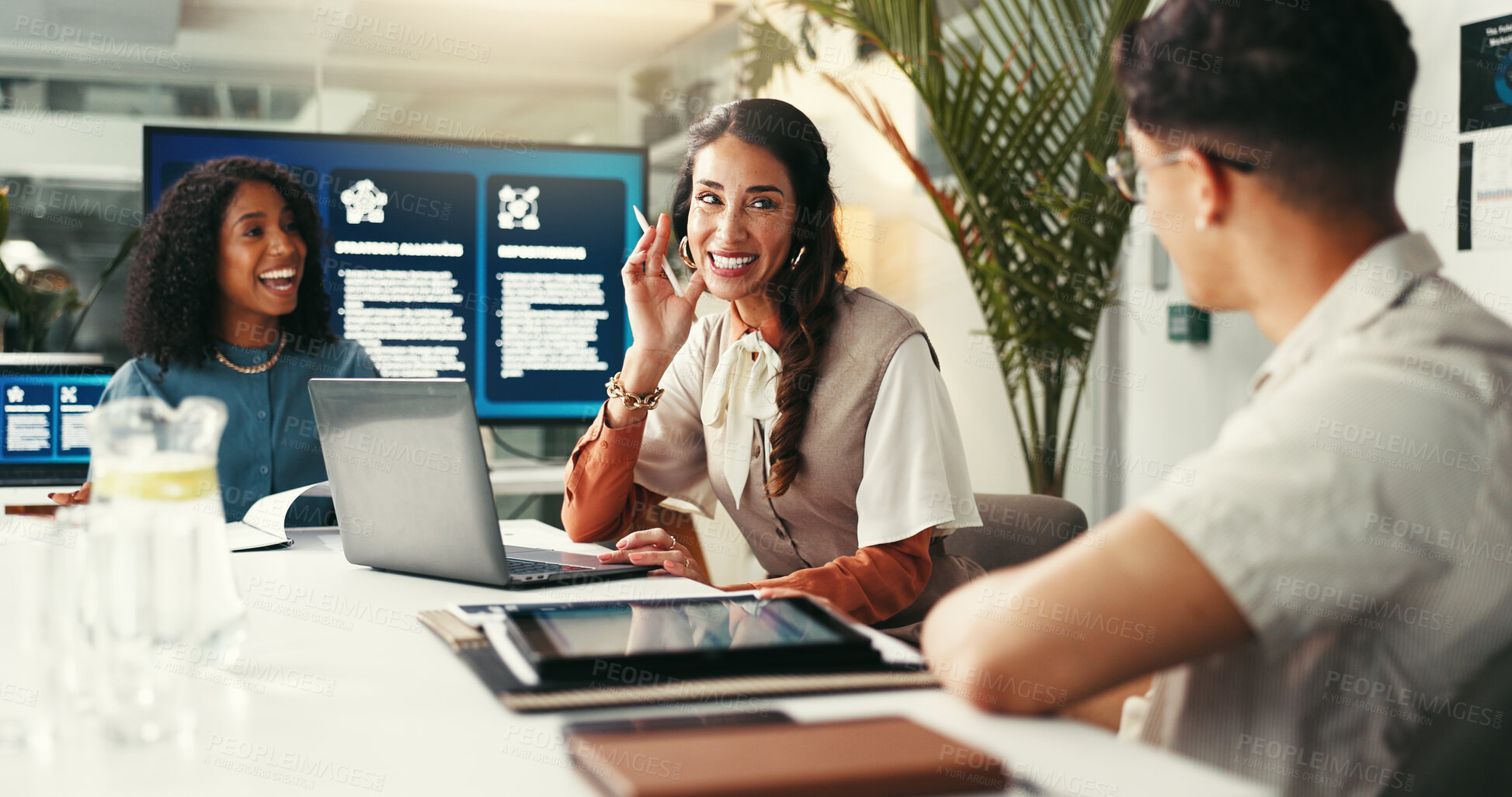 Buy stock photo Collaboration, meeting and smile with business people in office together for planning or project management. Consulting, documents and laptop with happy employee team in agency workplace for strategy