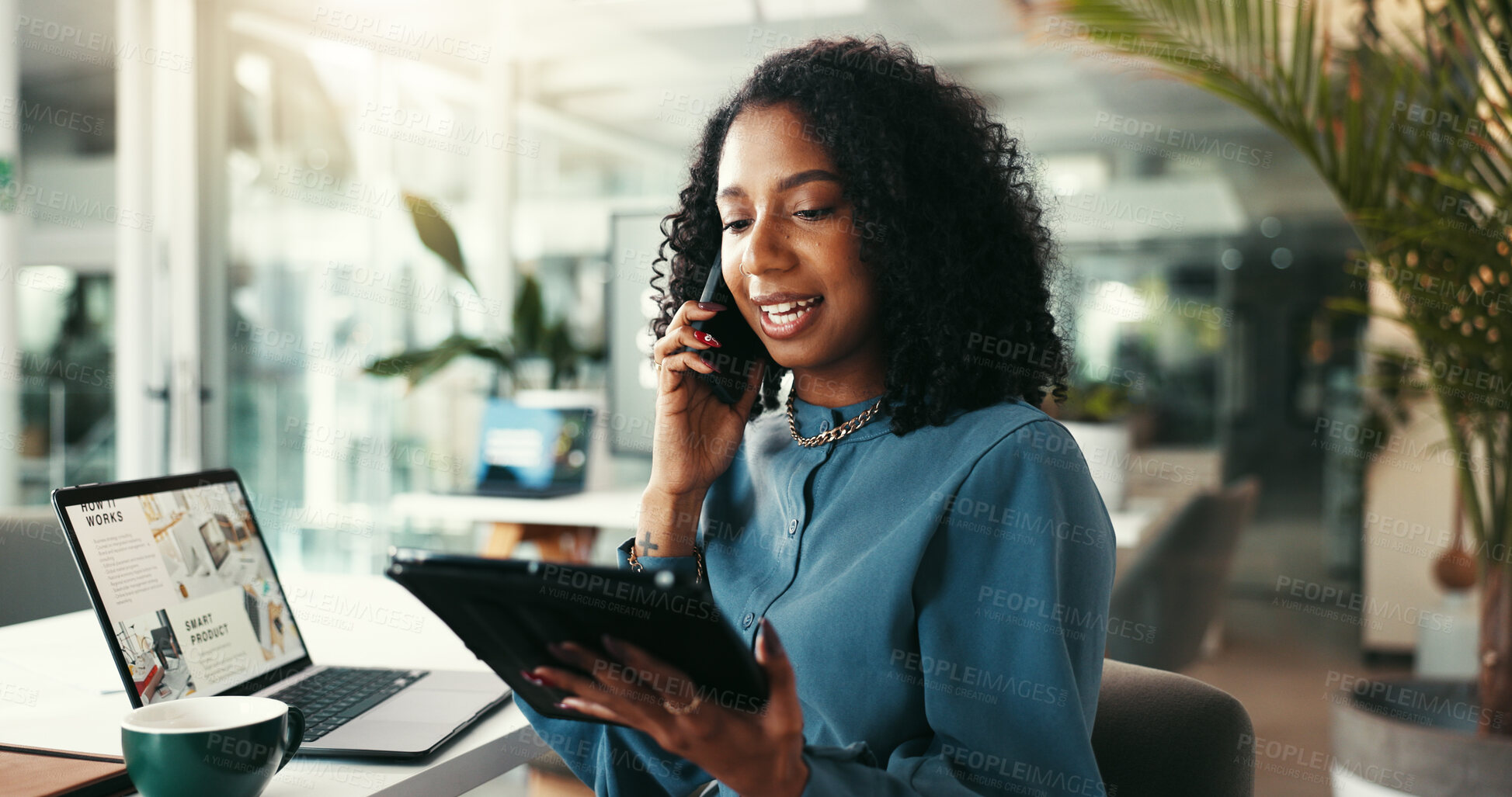 Buy stock photo Business woman, designer and phone call with tablet for online communication or tech support at office. Female person, employee or consultant talking on mobile smartphone with technology at workplace