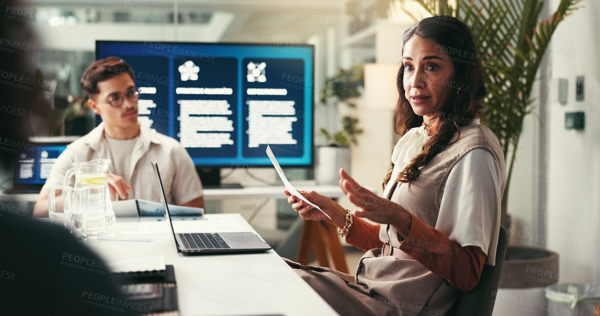 Buy stock photo Collaboration, meeting and training with business people in office together for planning or project management. Documents, explain and laptop with employee team in agency workplace for upskill