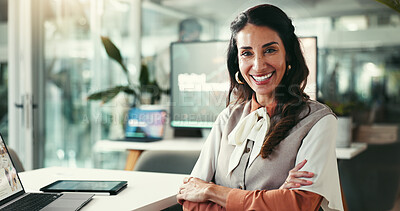 Buy stock photo Portrait, confidence and happy business woman in startup for opportunity, experience or pride. Face, arms folded or creative professional worker and content marketer at social media agency in Germany