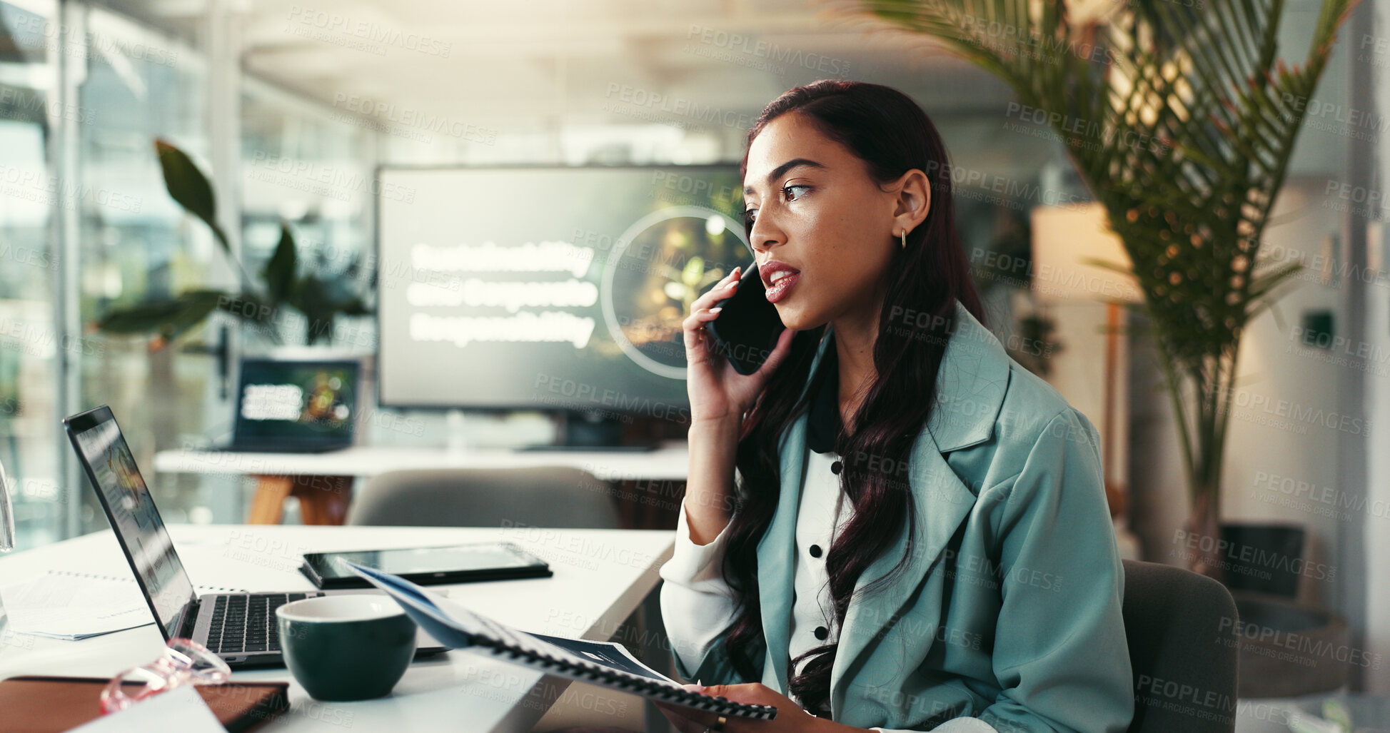 Buy stock photo Business woman, talking and laptop with phone call for advice, eco friendly organisation or discussion at office. Female person, environmentalist or consultant on mobile smartphone for green project