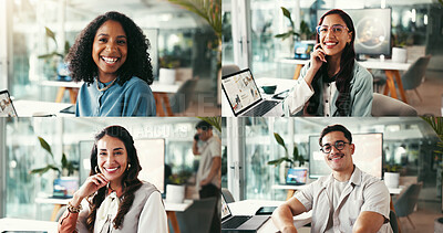 Buy stock photo Happy people, creative or portrait in office collage for business, teamwork or about us. Employees, smile or tech in digital agency for web development, diversity or design collaboration in composite
