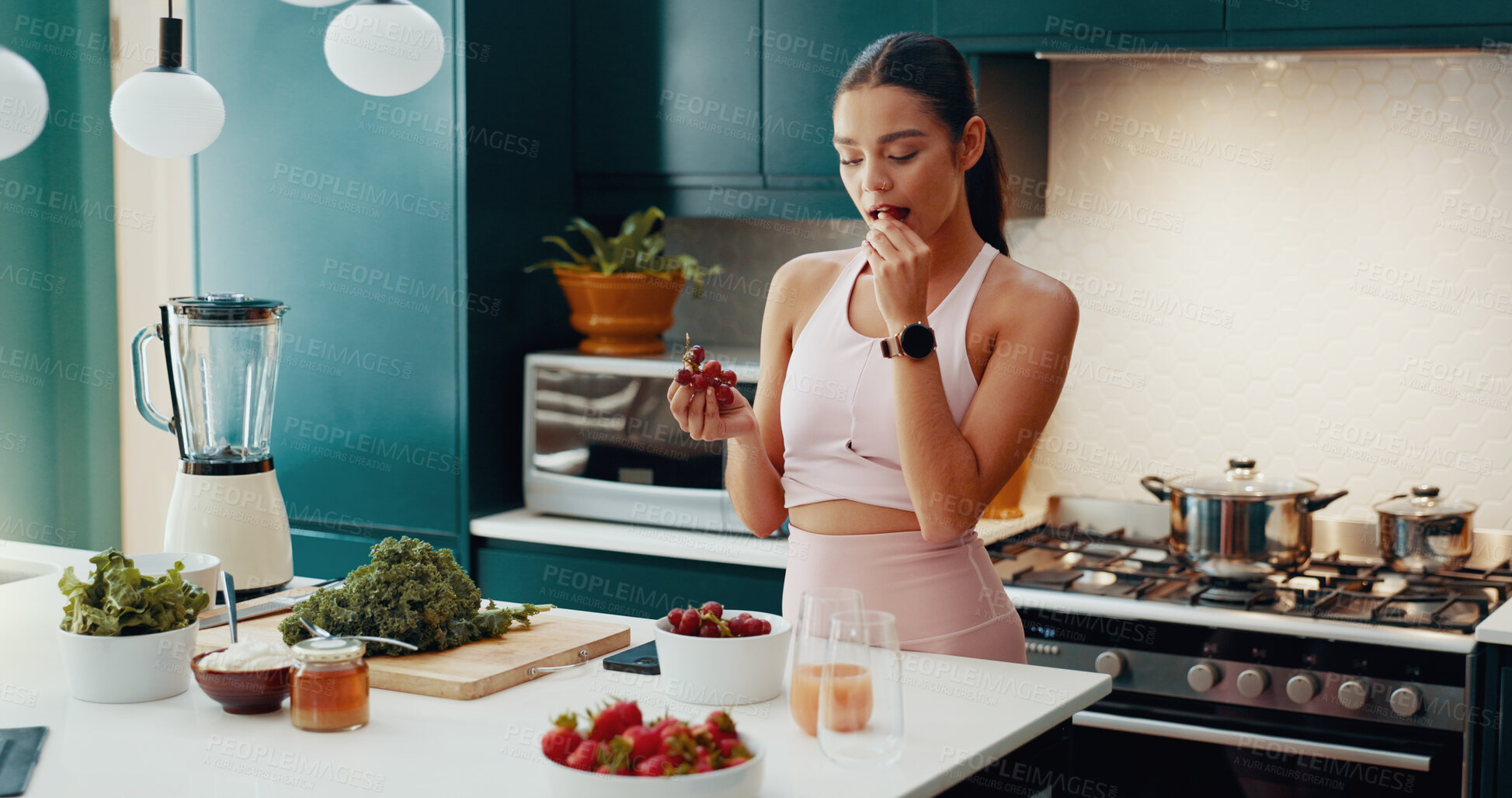 Buy stock photo Woman, fruit and taste in kitchen for smoothie recipe, detox diet and nutritionist advice. Meal replacement, breakfast and food blog with person at home for cooking, weight loss and protein shake