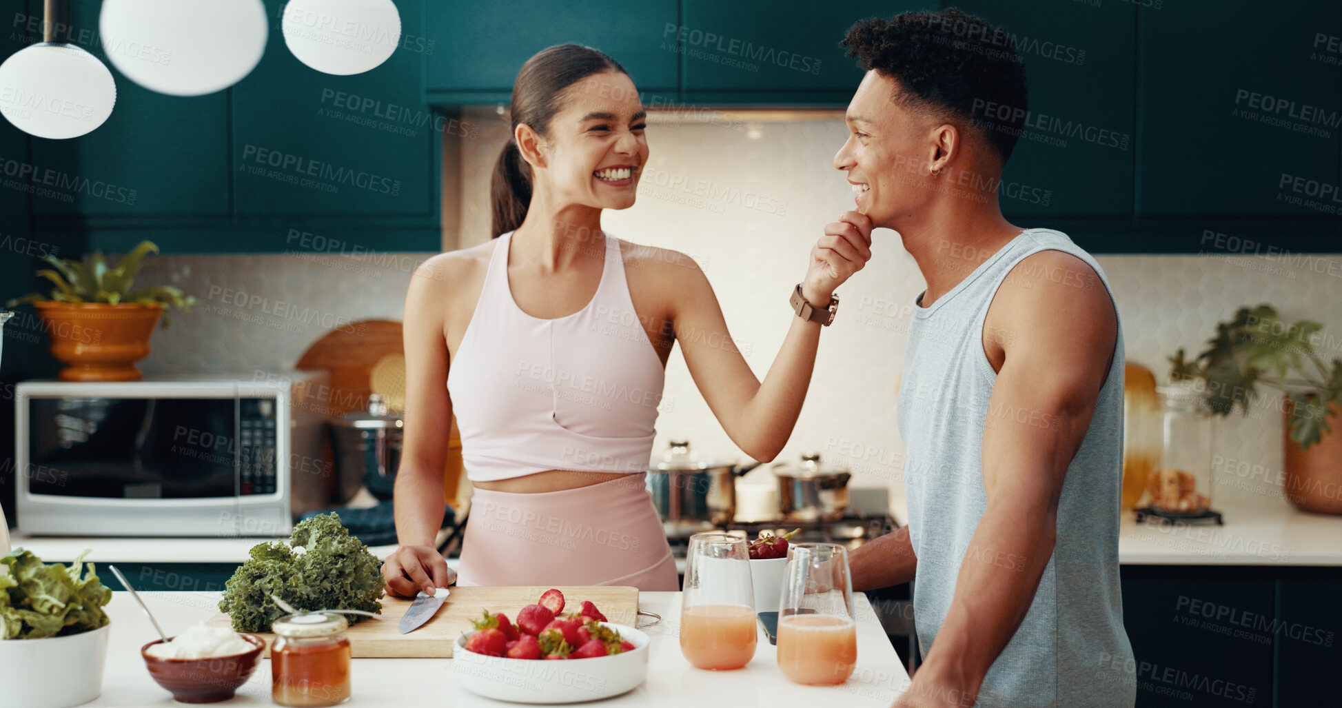 Buy stock photo Happy, couple and love for cooking at house for healthy meal, nutrition diet and bonding together. People, affection and prep ingredients for breakfast snack, morning detox and weight loss of romance