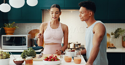 Buy stock photo Couple, cooking and explain recipe at house with healthy meal, nutrition diet and bonding together. People, talking and prep ingredients with breakfast snack, morning detox and weight loss of romance