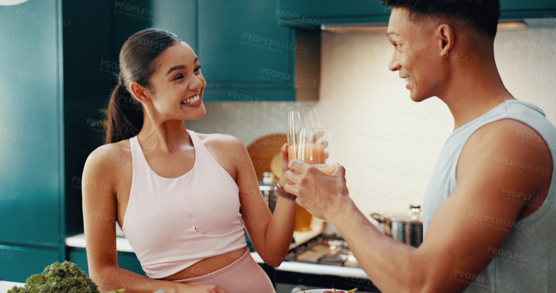Buy stock photo Healthy, kitchen and couple with smoothie, cheers and happy for diet in home, nutritionist and smile. House, man and woman with drink for protein, bonding and people with liquid for detox or vitamins