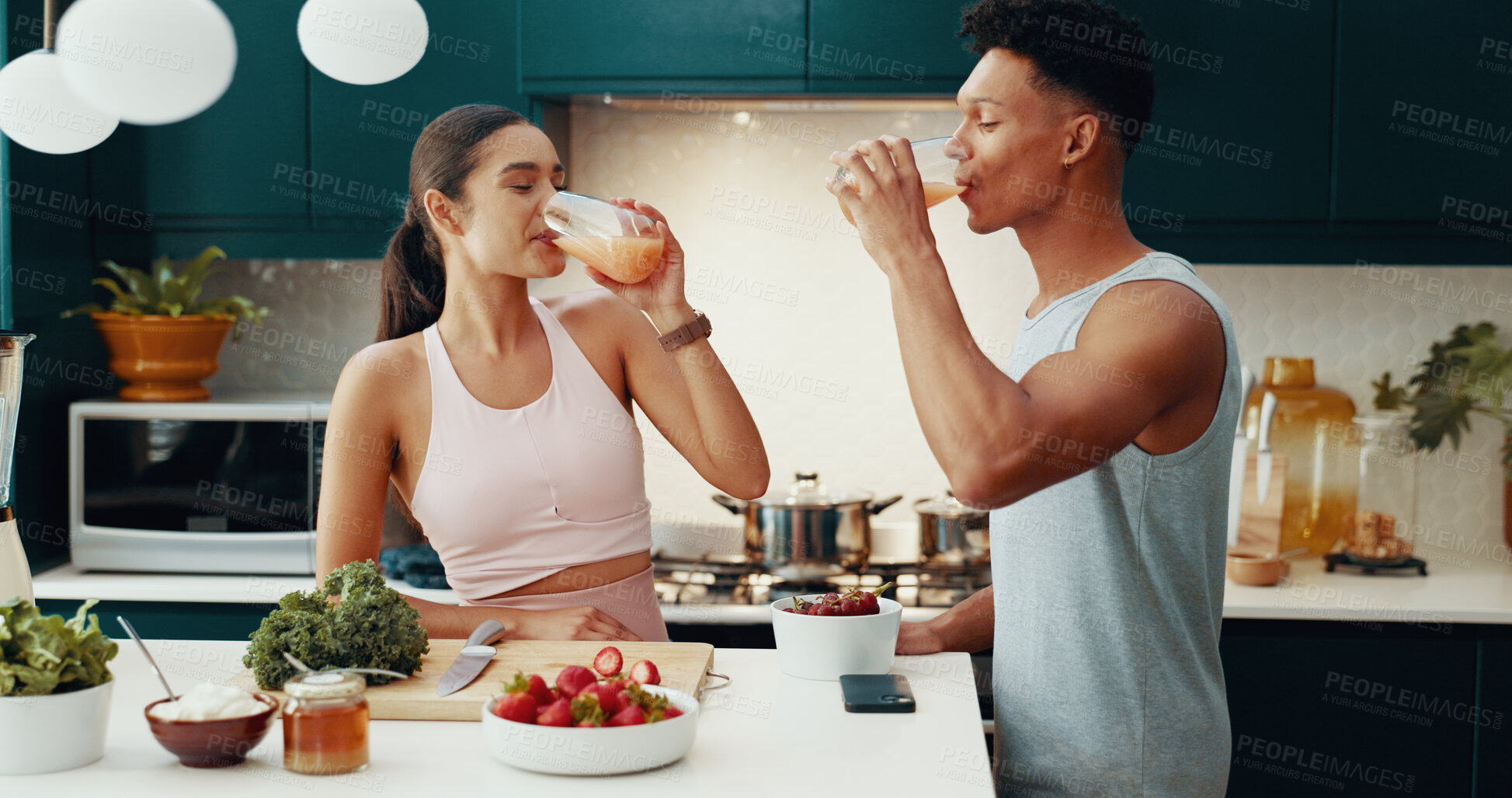 Buy stock photo Couple, drinking and juice for breakfast at house of healthy meal, nutrition diet and bonding together. Fitness, people  and vegan drink for gut health, morning detox and weight loss with ingredients