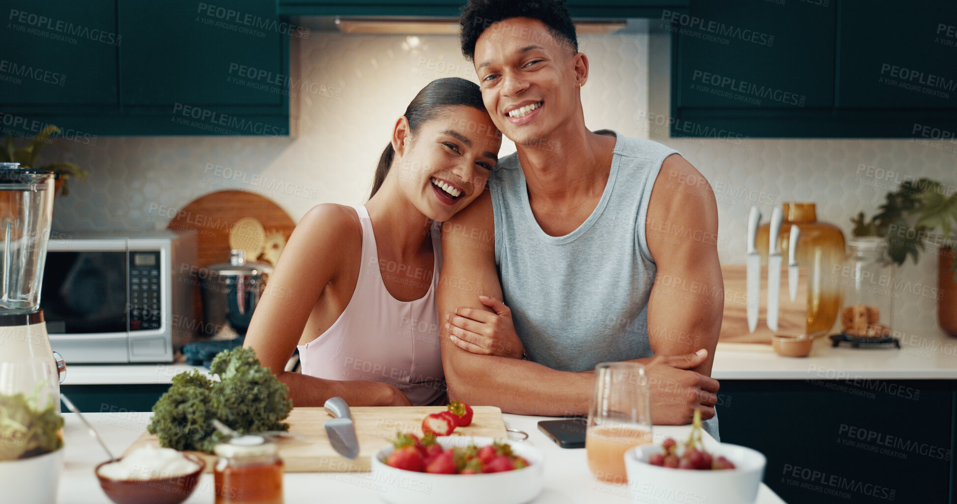 Buy stock photo Portrait, couple and smile for fruit at house of healthy meal, nutrition diet and bonding together. Fitness, people and embrace of strawberry snack, morning detox and weight loss of vegan ingredients