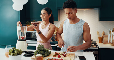 Buy stock photo Happy, ingredients and couple with smoothie in kitchen for diet, health and wellness together. Love, smile and young woman and man with vegetables and fruit for nutrition juice breakfast in home.