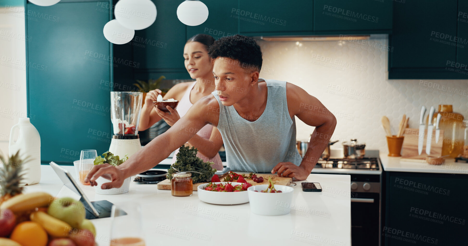 Buy stock photo Nutrition, ingredients and couple with smoothie in kitchen for diet, health and wellness together. Love, smile and young woman and man with vegetables and fruit for organic juice breakfast in home.