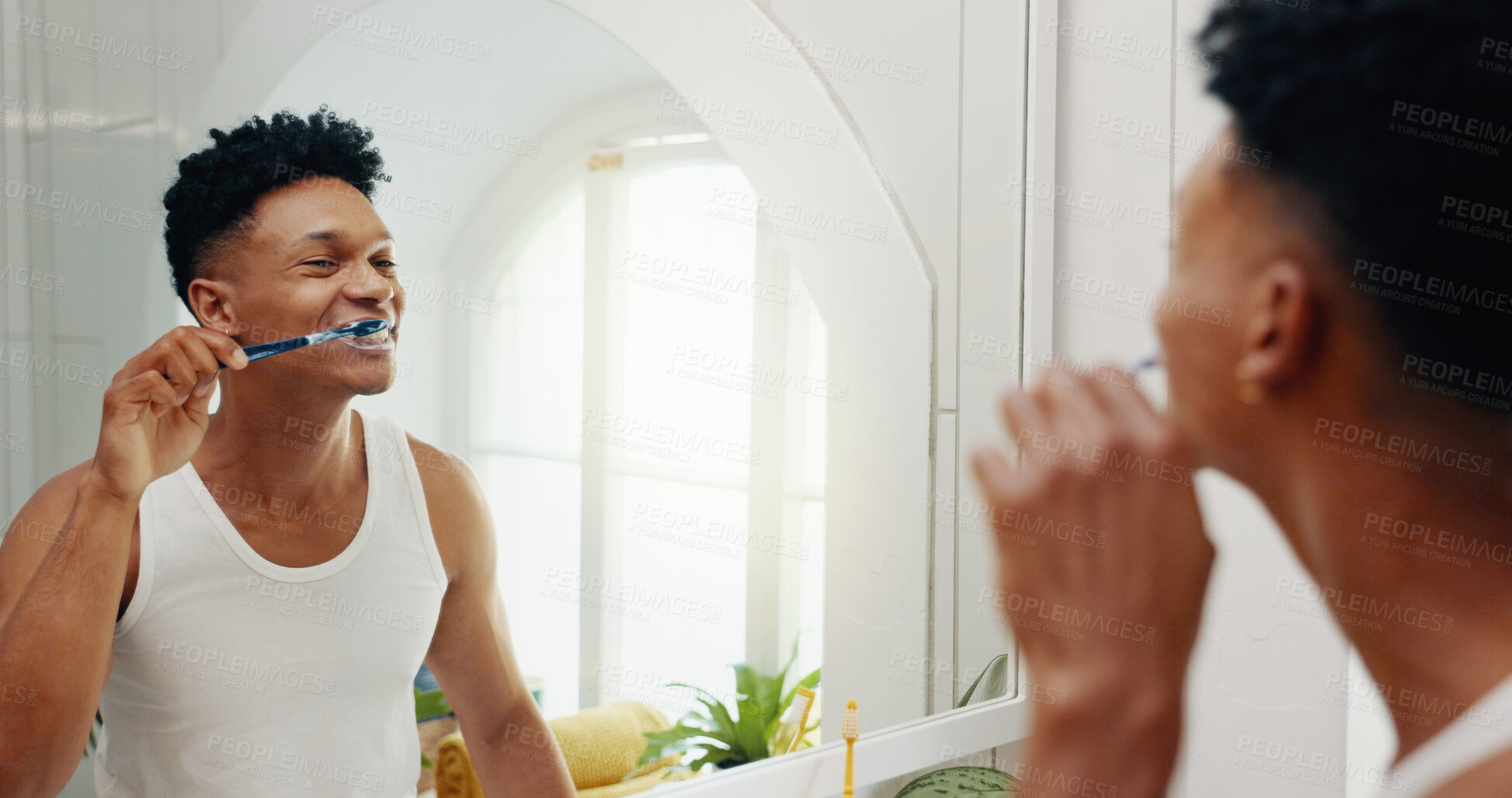 Buy stock photo Bathroom, house and man brushing teeth, reflection and hygiene with morning routine. Person, mirror and grooming with toothbrush, fresh breath or cleaning mouth with dental health, smile or whitening