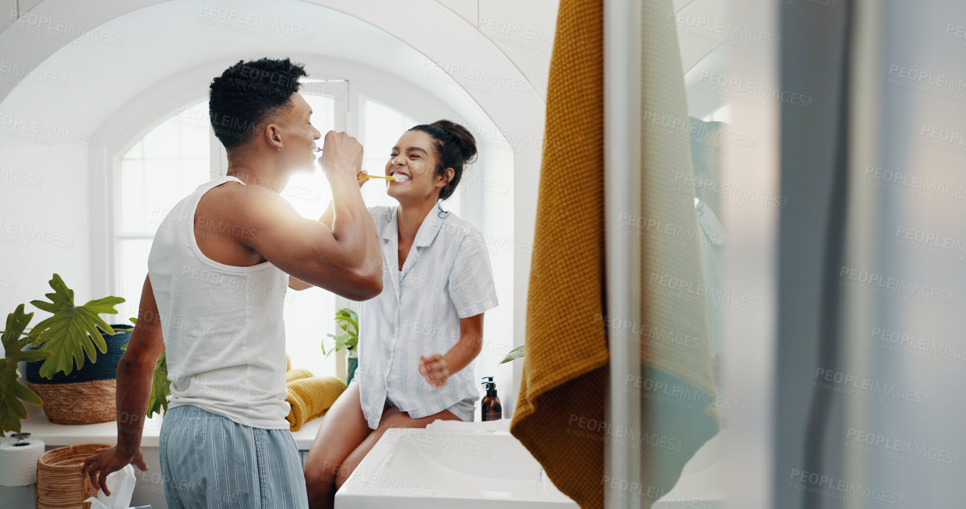 Buy stock photo Brushing teeth, routine and smile with couple in bathroom for dental hygiene or oral care. Love, mirror and morning with happy people in home together to prevent cavity or gum disease for health