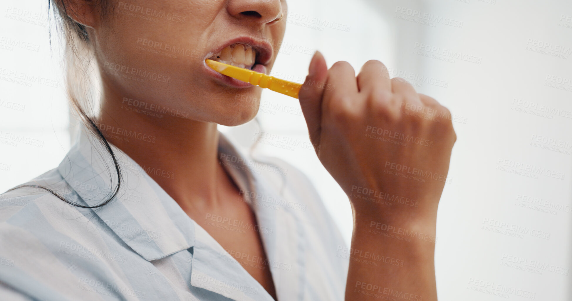 Buy stock photo Hands, toothbrush and mouth in bathroom with hygiene, foam or protection for plaque in morning at house. Person, oral care and teeth whitening with cleaning, health and dental wellness at apartment