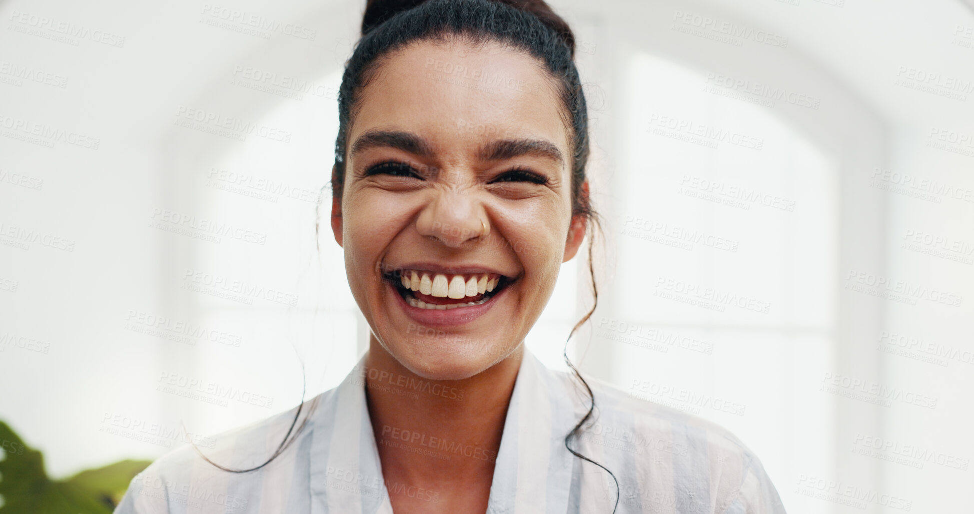 Buy stock photo Portrait, laugh and happy woman in bathroom for skincare, morning routine and hygiene for natural beauty. Face, cosmetics and funny girl in home for facial treatment, dermatology and glow in Mexico
