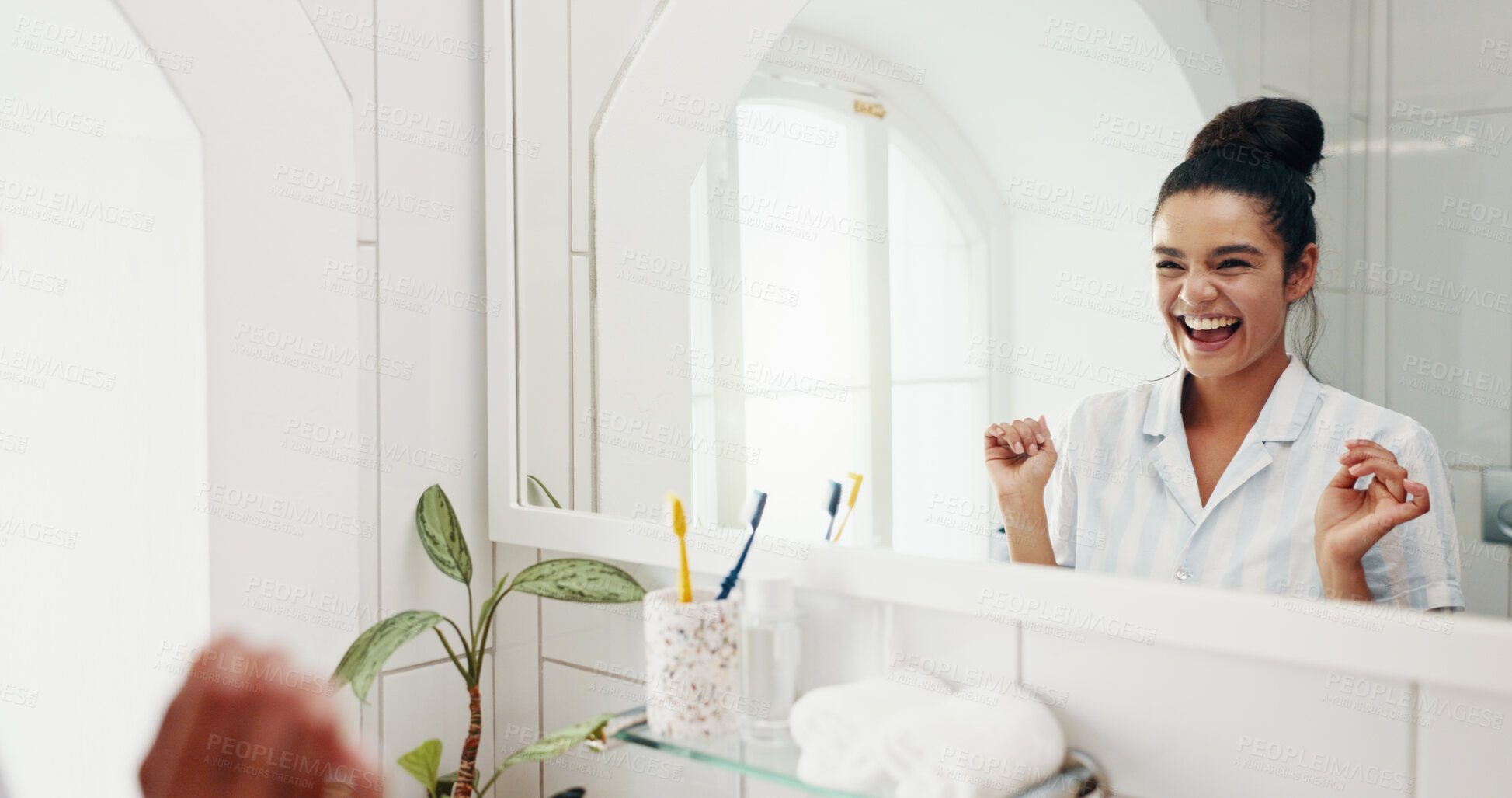 Buy stock photo Excited woman, mirror and check for beauty in bathroom with results or face reflection for grooming in morning. Good mood, facial glow or happy female person in home with smile, hygiene and skincare
