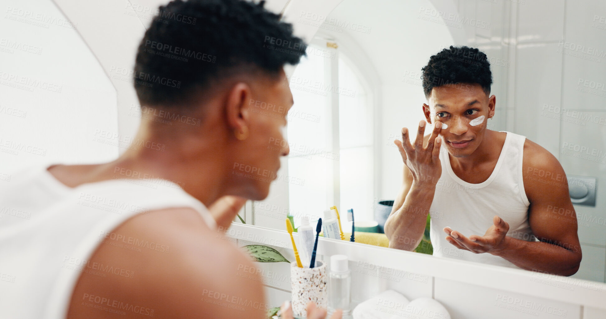 Buy stock photo Mirror, face cream and man with skincare in bathroom for health, wellness and hydration. Happy, beauty and male person by reflection with facial spf, creme or lotion for moisturization in home.