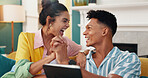 Excited, holding hands and tablet with couple on sofa in living room of home for bonus or victory. Achievement, celebration or success with man and woman cheering good news of new job together