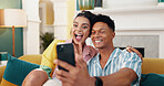 Couple, selfie and smile with sofa, home and peace sign for social media post. Man, woman and excited for happy memory, profile picture and emoji for bonding or online video call together on couch