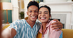 Hug, selfie and smile with couple on sofa in living room of home together for bonding or love. Memories, photograph or social media with man and woman embracing in apartment for profile picture