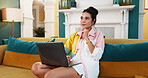 Relax, thinking or woman on laptop on couch for university application, online information or career choice. Girl, website or ideas with technology in home for college registration or brainstorming