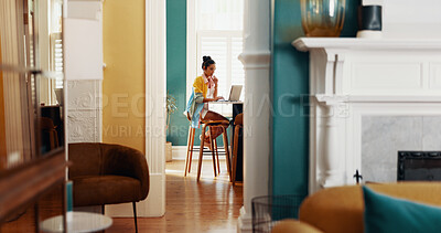 Buy stock photo Doorway, laptop and thinking with woman in home office for online design or web development. Computer, planning and remote work with freelance employee in apartment for creative career or job