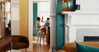 Buy stock photo Couple, laptop and high five in home with love, study support or motivation for learning. Woman student, boyfriend or tech in living room with gesture, research achievement or excited for scholarship