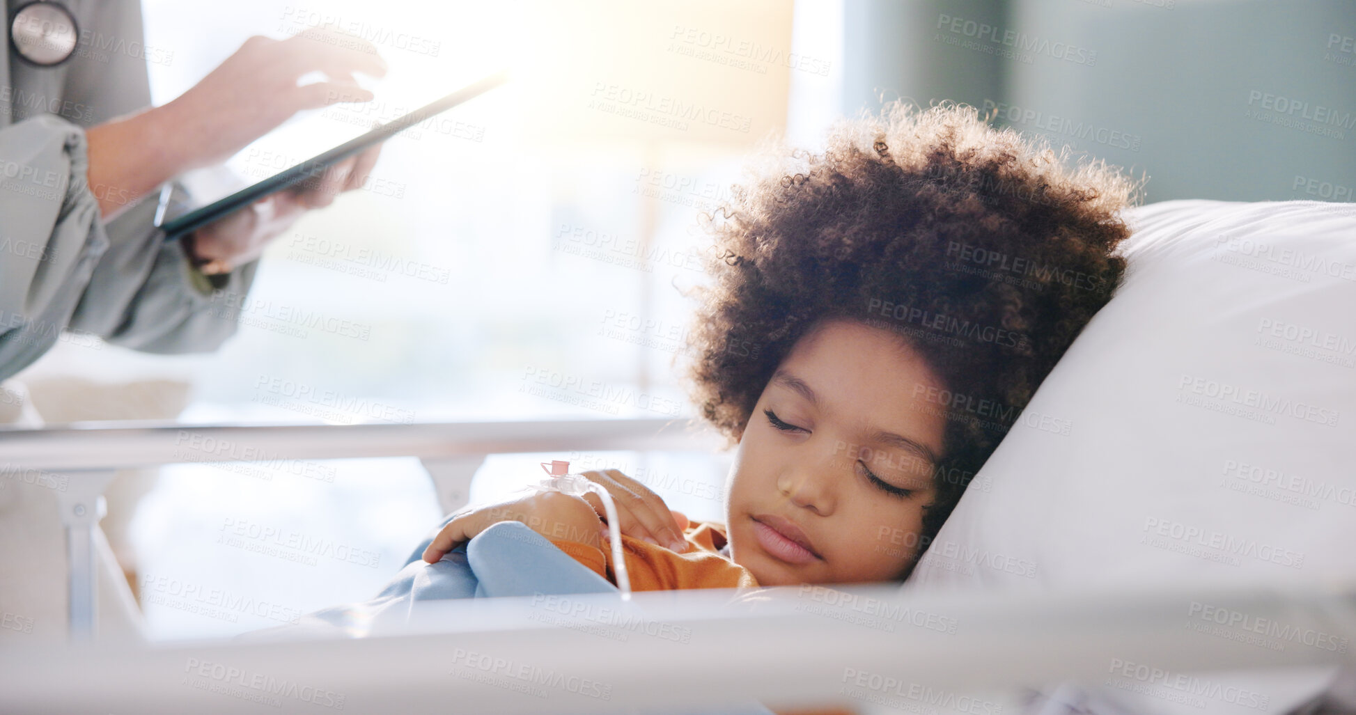 Buy stock photo Hospital, doctor on tablet and child sleeping in bed for consulting, checkup and vitals for rehabilitation. Healthcare, pediatric and boy resting for medical service, diagnosis and surgery recovery