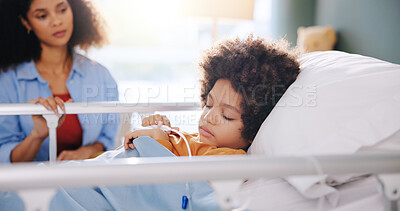 Buy stock photo Sick kid, mother and sleeping in hospital bed for healthcare, wellness and surgery recovery. Mom, child and patient resting in clinic for medical support, comfort and healing illness with family