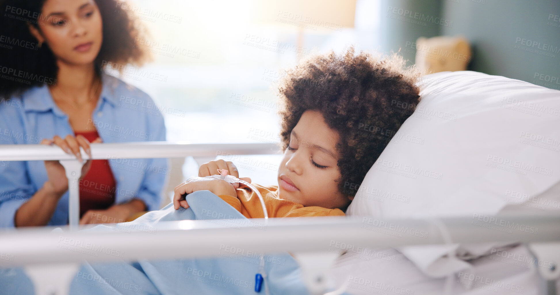 Buy stock photo Sick kid, mother and sleeping in hospital bed for healthcare, wellness and surgery recovery. Mom, child and patient resting in clinic for medical support, comfort and healing illness with family