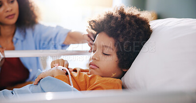 Buy stock photo Sick child, mother and sleeping in hospital bed for healthcare, wellness and surgery recovery. Mom, kid and patient resting in clinic for medical support, comfort and healing illness with family