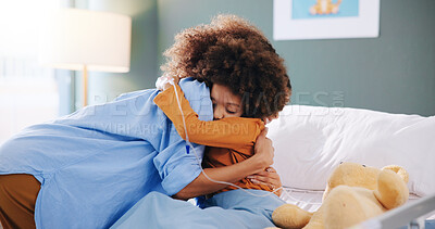 Buy stock photo Doctor, child and hug for check up, fear and hospital support for cardiology examination or health consultation. Pediatrician, medical expert and boy with teddy bear for scared, comfort and lung test