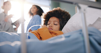 Buy stock photo Hospital, sleeping and child in bed with doctors for medication, medicine and treatment for rehabilitation. Healthcare, pediatric and tired boy with fatigue for medical service, diagnosis or recovery