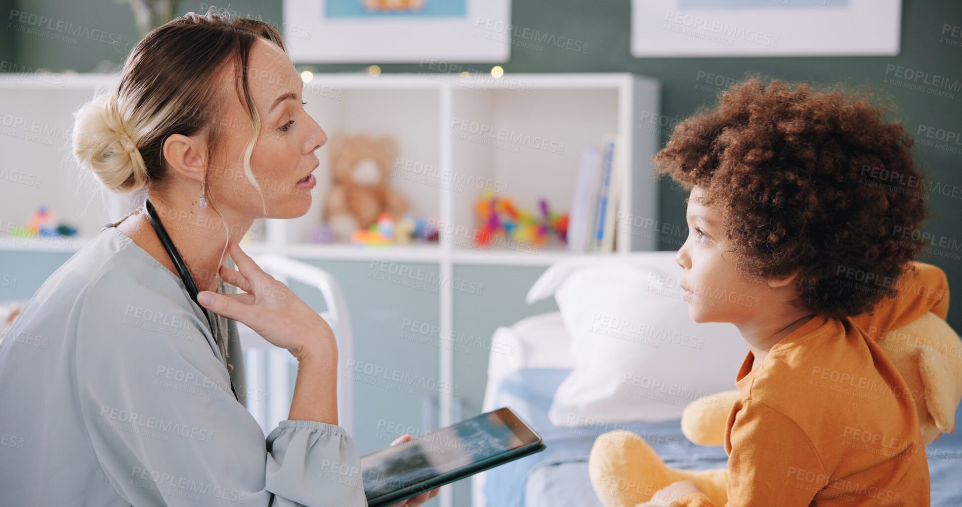 Buy stock photo Doctor, child and tablet for throat diagnosis, sick and hospital for infection examination or health consultation. Pediatrician, medical expert and boy with assessment for treatment and comfort