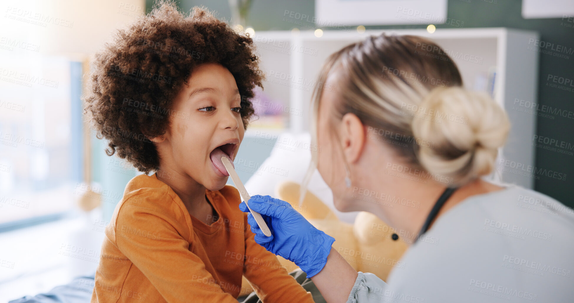 Buy stock photo Doctor, child and check throat for diagnosis, tonsils and hospital for infection examination or health consultation. Pediatrician, medical expert and sick boy with assessment for mouth treatment